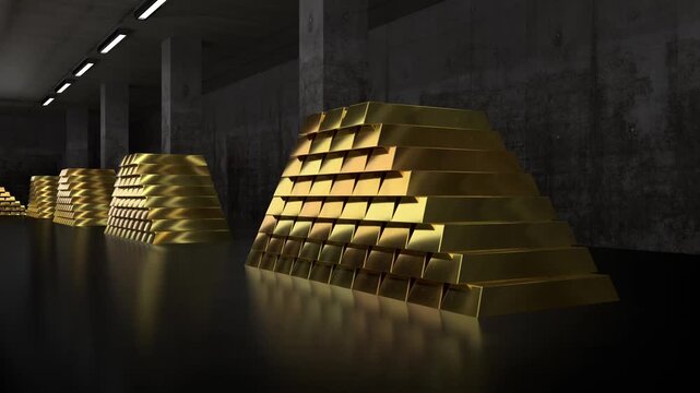 Vault full of gold ingots - camera moving forward - 3d 4k animation (3840 x 2160px)