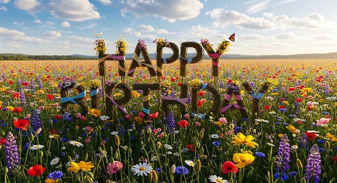 Happy birthday text made of colorful flowers in a beautiful summer meadow