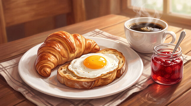 Delicious breakfast meal featuring a golden croissant, fried egg on toast, hot black coffee in a white cup, and a jar of red strawberry jam on a wooden table