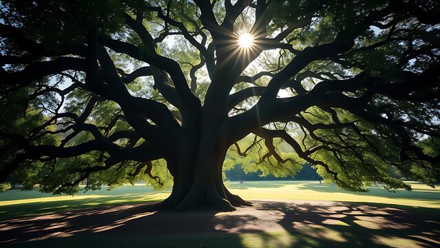 Ancient oak tree with circular clearing and sunbeams filtering through leaves.