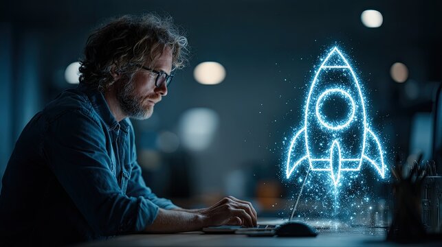 Successful entrepreneur working on laptop in luxury office with holographic rocket icon representing startup launch and business growth achievement concept