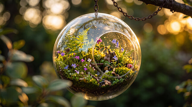 Glass terrarium sphere hanging from a chain in a garden with small purple flowers, green ferns, and moss illuminated by soft golden sunset light