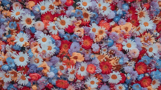 Vibrant background of colorful wildflowers and daisies in a dense floral pattern