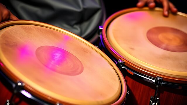 Dynamic close-up of a pair of polished conga drums with taut drumheads.