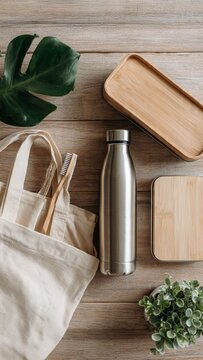 Flat Lay of Sustainable Living Essentials and Eco Friendly Products