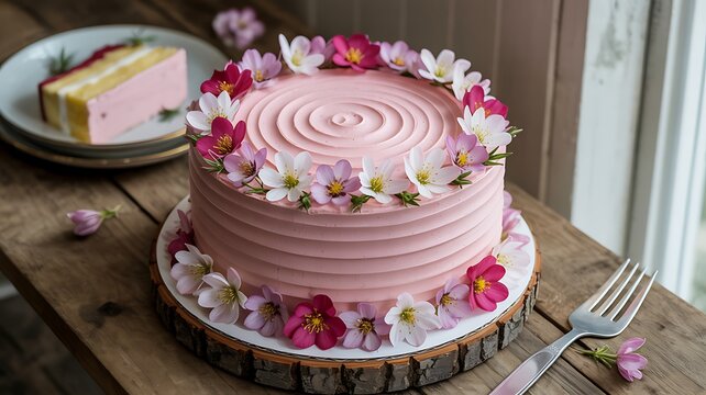 Beautiful pink frosted cake decorated with fresh flowers on a wooden table