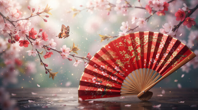 金箔装飾が美しい赤い和扇子と桜の花と蝶の幻想的な風景