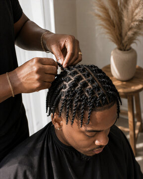 A person styling another person's hair with braids in a salon setting