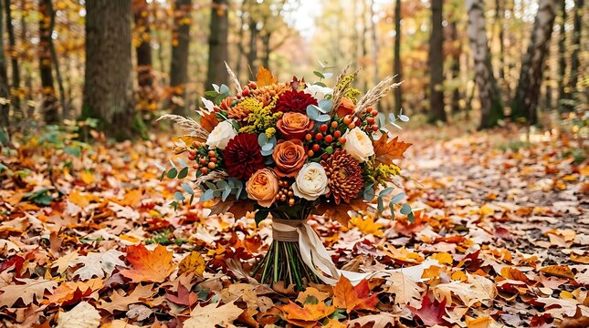 Beautiful autumn flower bouquet sitting on a forest floor with fallen leaves