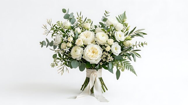 Beautiful wedding bouquet of white roses and eucalyptus on a white background