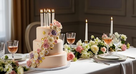 Fototapeta premium Elegant tiered birthday cake with lit candles on a decorated dining table