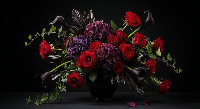 Stunning bouquet of deep red roses and purple flowers on black background