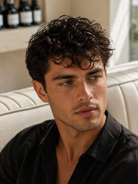 Man with curly hair sitting on a sofa in a well-lit space