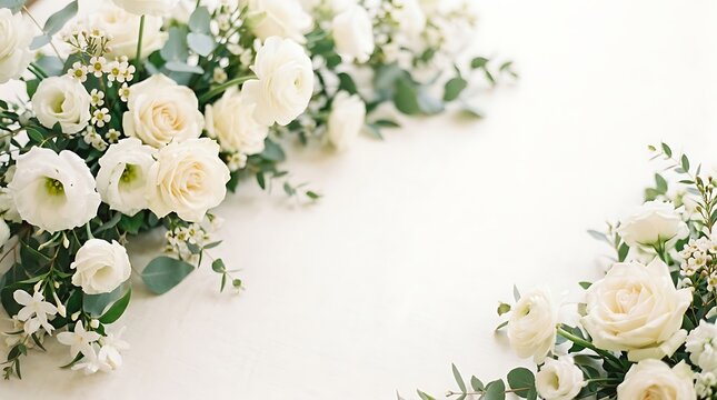 Elegant arrangement of white roses and greenery on a bright white background