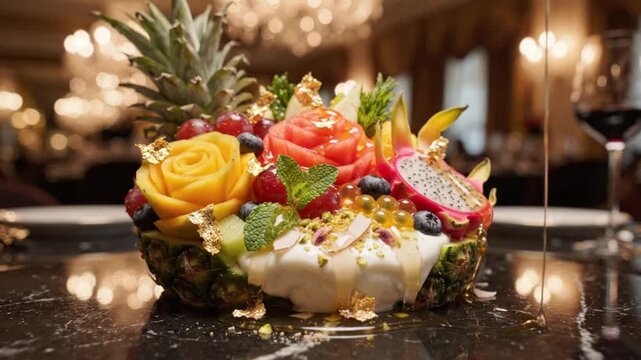 Gourmet Fruit Platter with Carved Mango Rose Gold Leaf and Honey Drizzle in Luxury Restaurant Setting