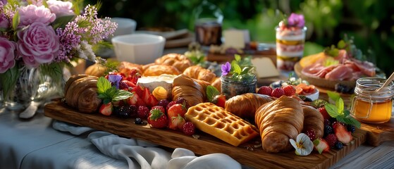 Fototapeta premium Luxury Outdoor Breakfast Board with Croissants and Flowers