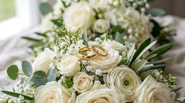 Elegant wedding rings resting on a beautiful bouquet of white roses and flowers