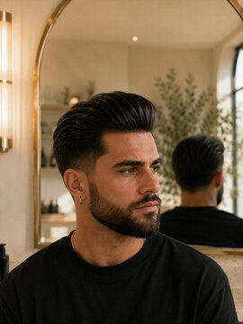 Man with styled hair and beard in a modern salon setting