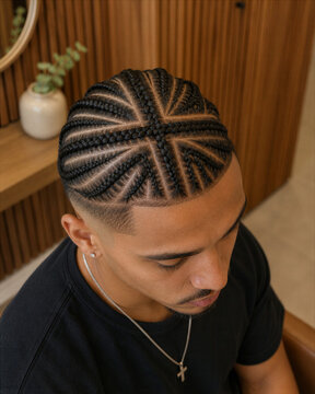 Man with braided hairstyle sitting in a modern interior