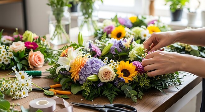 Professional florist arranging a colorful flower wreath on a wooden workshop table
