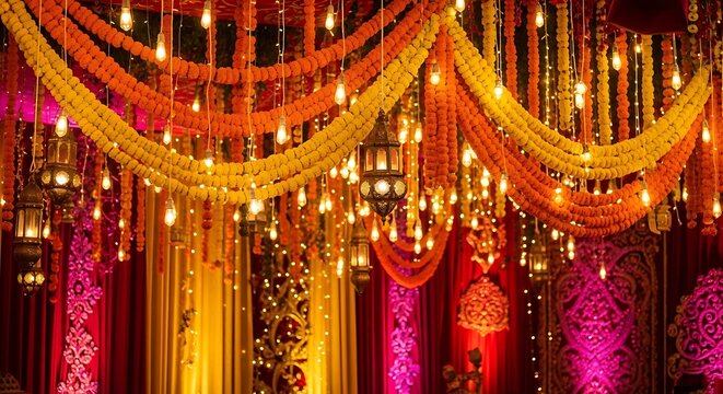 Colorful indian wedding stage decoration with hanging lights and vibrant fabric drapes