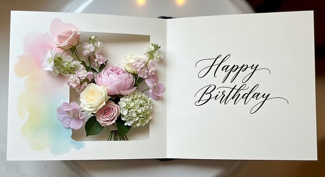 Open book with beautiful floral arrangement and handwritten happy birthday greeting card