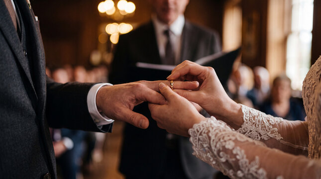 Close up of a bride placing a gold wedding ring on the finger of a groom during a formal marriage ceremony in a classic indoor setting