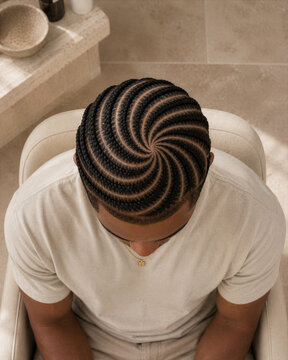 Man with braided hairstyle sitting in a chair