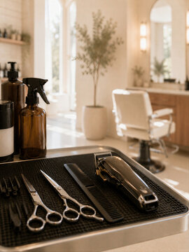 Barber tools arranged on a tray in a modern salon