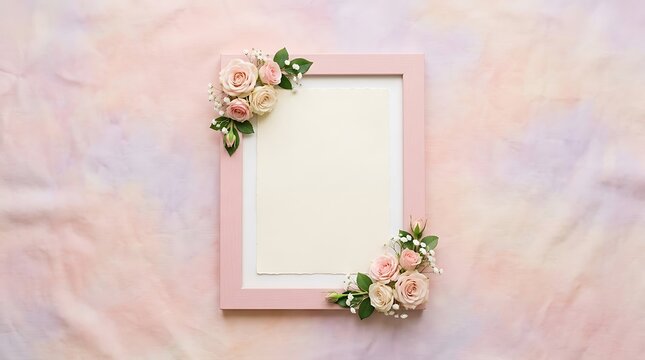 Empty pink picture frame decorated with beautiful flowers on a soft background