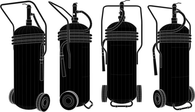 Multiple perspective renderings of an industrial-grade mobile fire extinguisher cylinder equipped with a directional discharge nozzle and rolling chassis