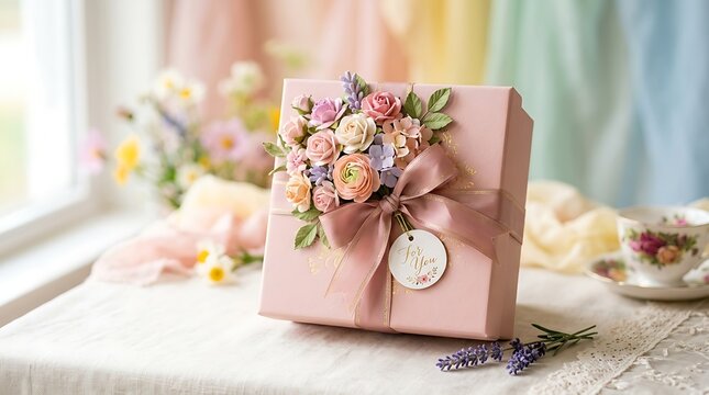 Beautiful pink gift box decorated with flowers on a soft pastel background