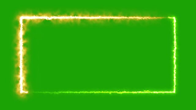 Burning Fire Frame rectangle Border with Realistic Flames on green Background. lowing rectangle banner with electric lightning energy sparks 4k