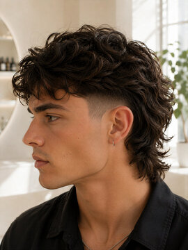 Profile view of a young man with a mullet hairstyle in a modern interior