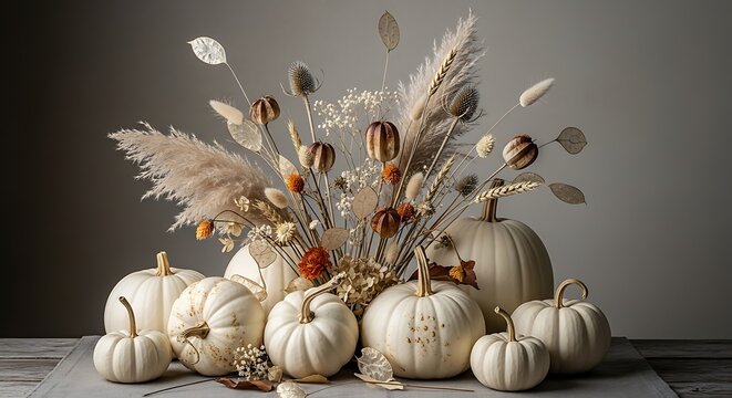 Elegant arrangement of white pumpkins and dried flowers for autumn home decor