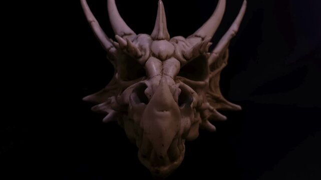 Dragon skull sculpture slowly illuminated under dramatic lighting against dark black studio background.