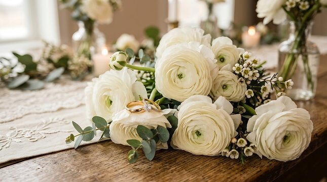 Elegant white ranunculus flowers arranged on a rustic wooden wedding reception table