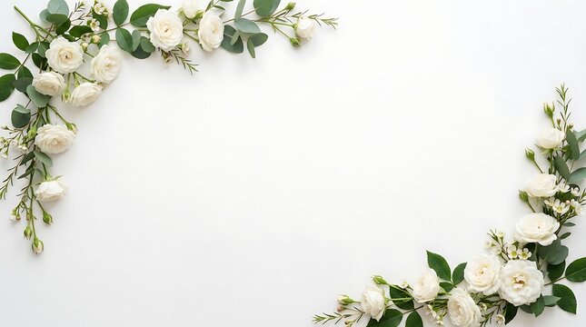 Elegant floral border frame with white roses and greenery on white background