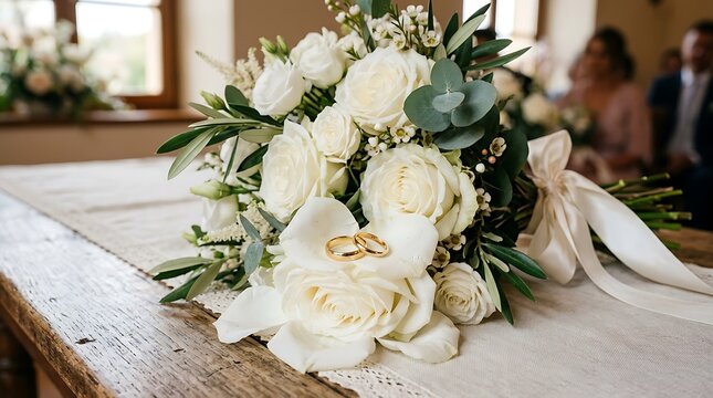 Beautiful white wedding flower arrangement placed on a table in a church