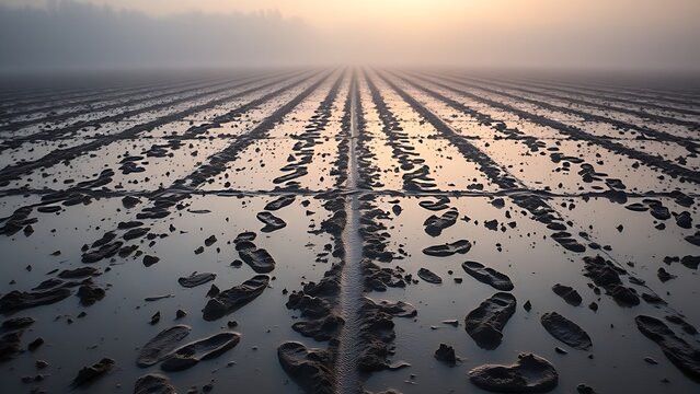 An empty training field at dawn with rows of footprints in the muddy ground.