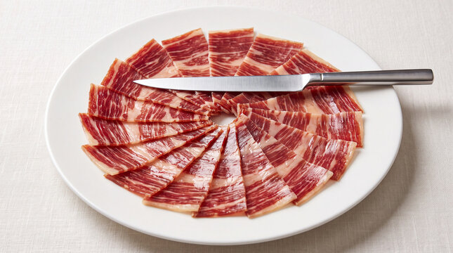 Thinly sliced raw marbled beef arranged in a circular pattern on a white plate with a sharp kitchen knife resting across the meat slices