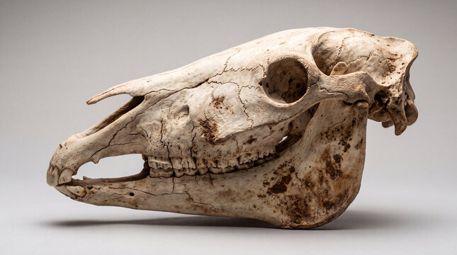 Side view of a large mammalian skull, showing detailed bone structure, teeth, and eye socket, isolated against a neutral gray background studio shot