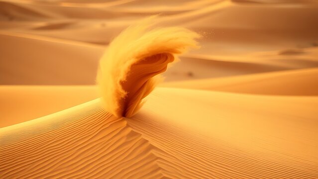 A twisting column of sand changing direction in a desert at golden hour.