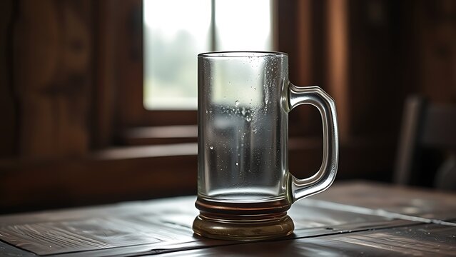 Heavy wooden beer stein beaded with condensation on rustic table in soft light.