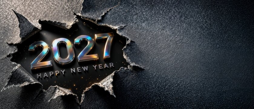 torn black paper revealing iridescent happy new year 2027 text with glowing golden sparks and wide copy space
