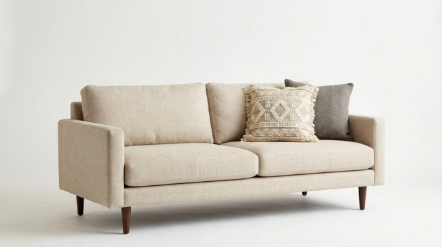 A beige sofa with a neutral-colored throw pillow and a patterned throw pillow, placed against a white background with a wooden leg.