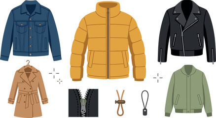 Men and women winter jackets outerwear and coats fashion vector illustration set. Apparel clothing bundle featuring denim jacket yellow puffer coat © axios