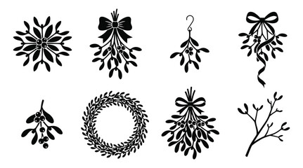 Christmas mistletoe silhouette vector set with hanging sprigs berry wreath ribbon bow and winter branch icons © selena
