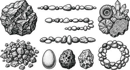 Vintage Geological Rock and Mineral Vector Collection Featuring Charcoal Coal Crystals Stones and Fossils in Detailed Hand Drawn Engraving Style © Sultana