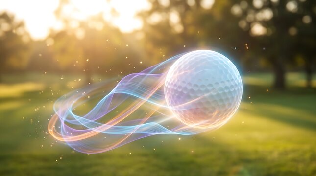 Golf ball with flowing energy waves on a green course with soft sunlight.